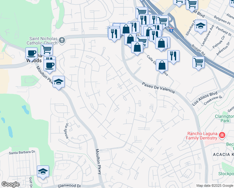 map of restaurants, bars, coffee shops, grocery stores, and more near in Laguna Woods