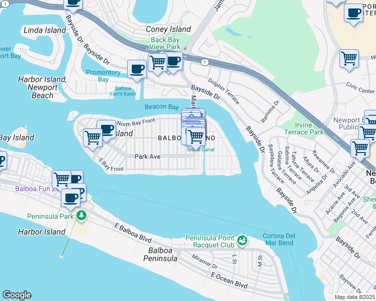 map of restaurants, bars, coffee shops, grocery stores, and more near 206 Onyx Avenue in Newport Beach