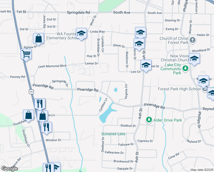 map of restaurants, bars, coffee shops, grocery stores, and more near 5445 Joyce Drive in Forest Park