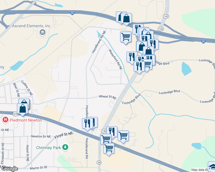map of restaurants, bars, coffee shops, grocery stores, and more near 9125 Settlers Grove Road Northeast in Covington