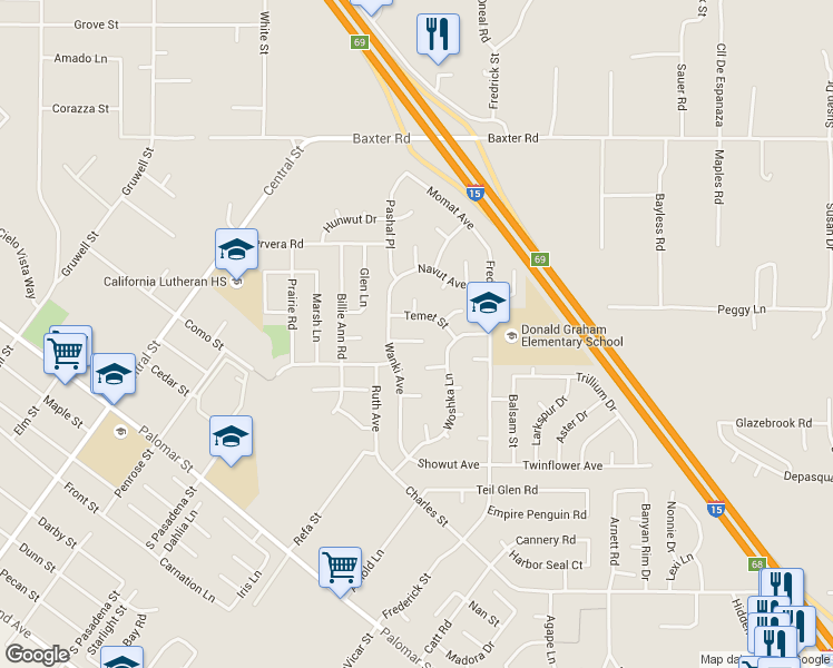 map of restaurants, bars, coffee shops, grocery stores, and more near 22836 Akipa Court in Wildomar