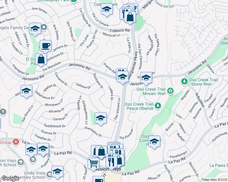 map of restaurants, bars, coffee shops, grocery stores, and more near 24582 Ladera Drive in Mission Viejo
