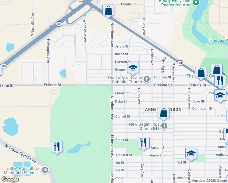 map of restaurants, bars, coffee shops, grocery stores, and more near 3316 Emory Street in Lubbock