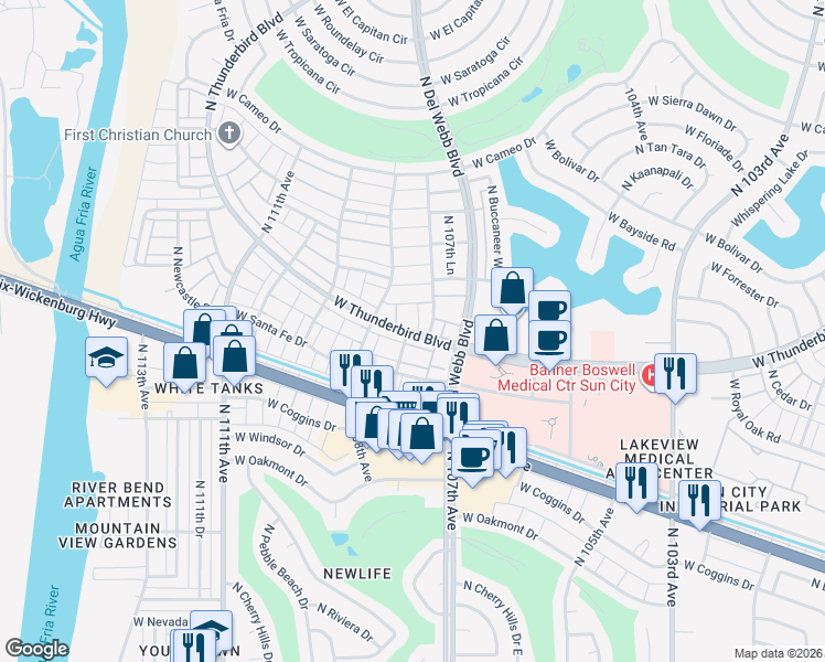 map of restaurants, bars, coffee shops, grocery stores, and more near 10808 West Thunderbird Boulevard in Sun City