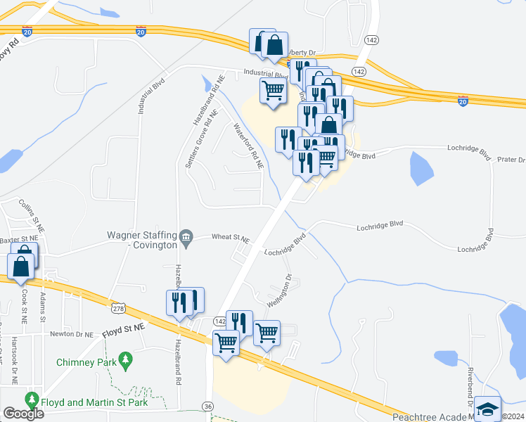 map of restaurants, bars, coffee shops, grocery stores, and more near 10140 Settlers Grove Rd NE in Covington