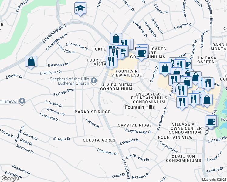 map of restaurants, bars, coffee shops, grocery stores, and more near 16285 East Rosetta Drive in Fountain Hills