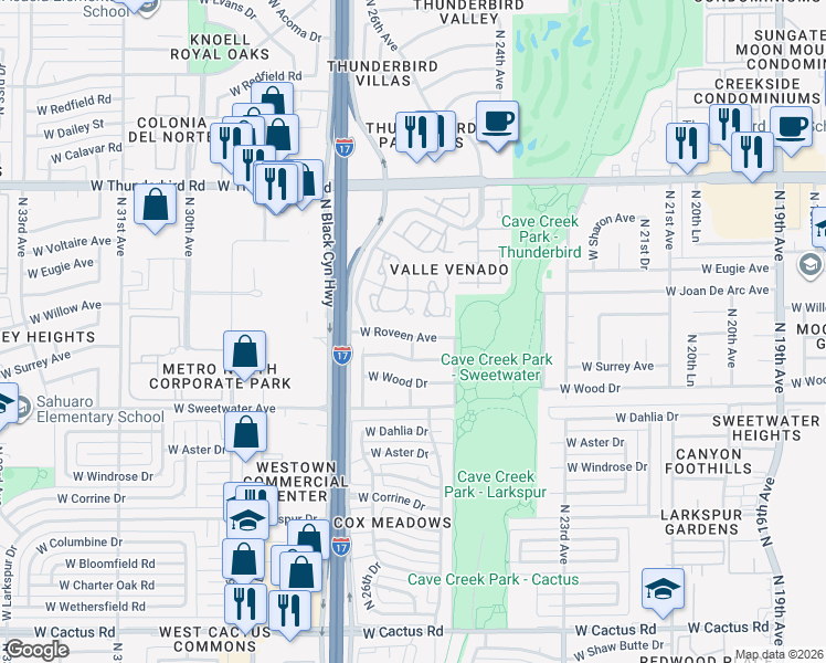map of restaurants, bars, coffee shops, grocery stores, and more near 2615 West Roveen Avenue in Phoenix