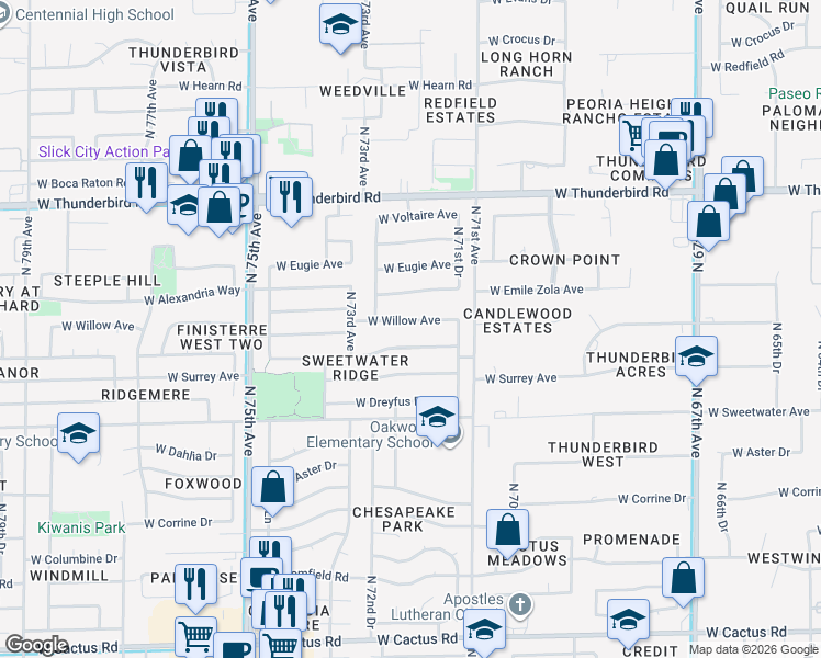 map of restaurants, bars, coffee shops, grocery stores, and more near 7173 West Willow Avenue in Peoria