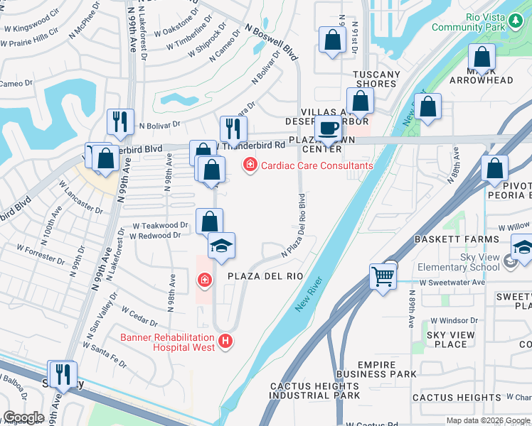 map of restaurants, bars, coffee shops, grocery stores, and more near 13310 North Plaza Del Rio Boulevard in Peoria