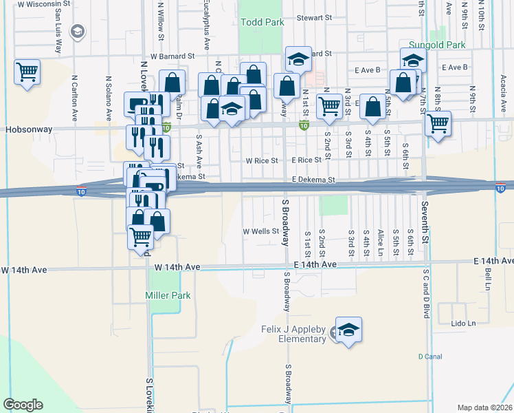 map of restaurants, bars, coffee shops, grocery stores, and more near 325 South Spring Street in Blythe