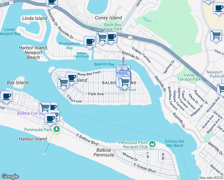 map of restaurants, bars, coffee shops, grocery stores, and more near in Newport Beach