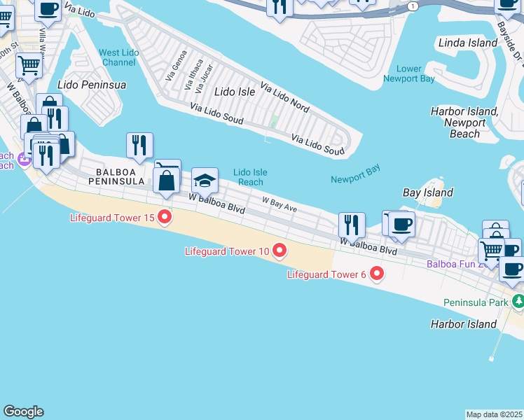 map of restaurants, bars, coffee shops, grocery stores, and more near in Newport Beach