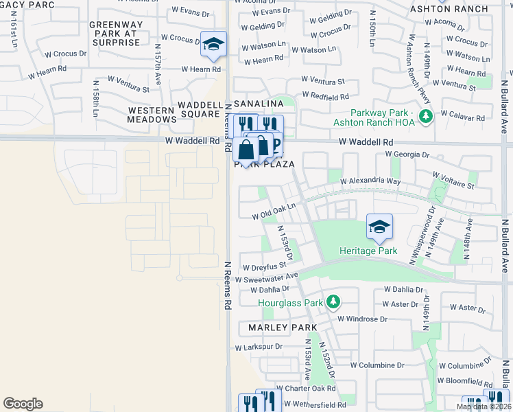 map of restaurants, bars, coffee shops, grocery stores, and more near 15389 W Alexandria Way in Surprise