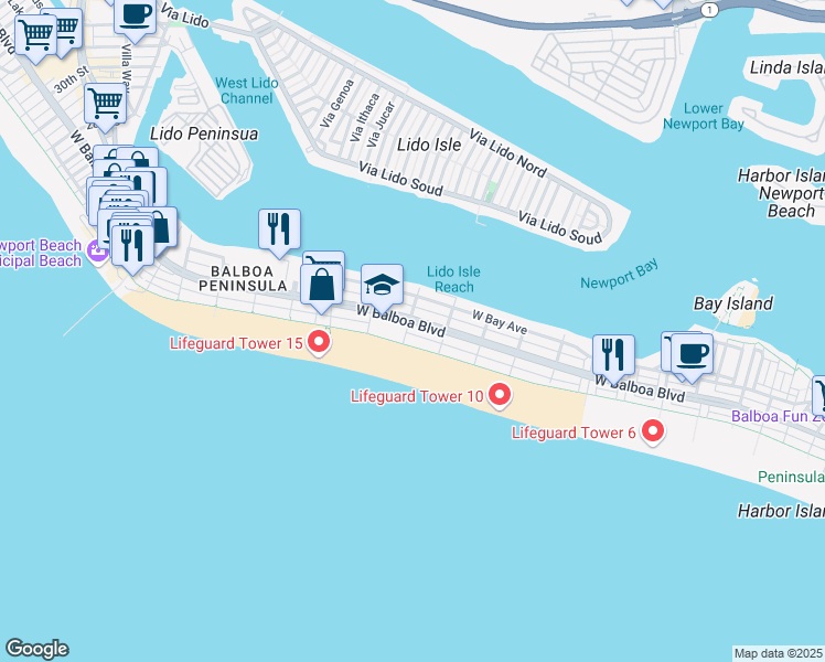 map of restaurants, bars, coffee shops, grocery stores, and more near 1242 West Oceanfront in Newport Beach