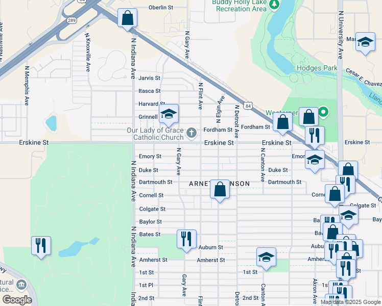 map of restaurants, bars, coffee shops, grocery stores, and more near 3110 Emory Street in Lubbock