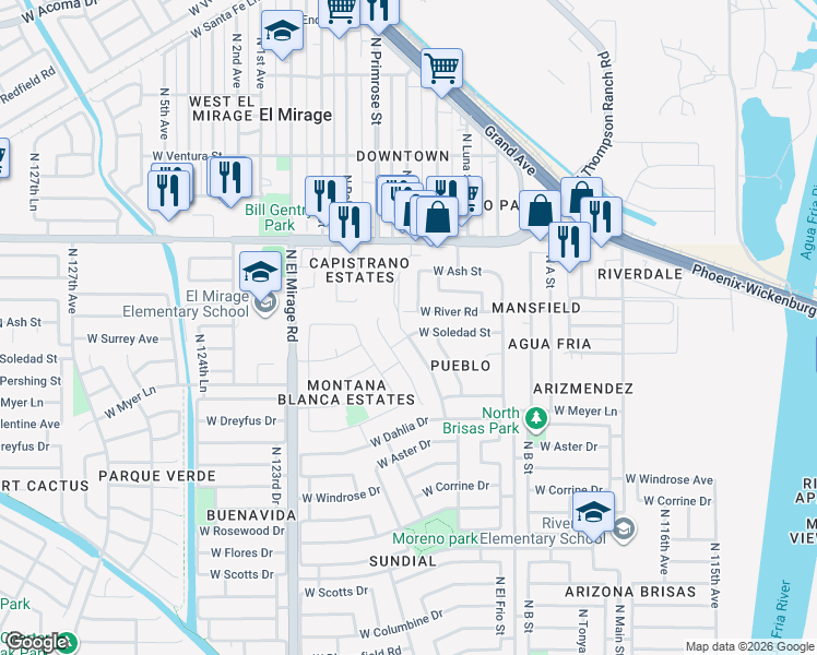map of restaurants, bars, coffee shops, grocery stores, and more near 12034 West Soledad Street in El Mirage