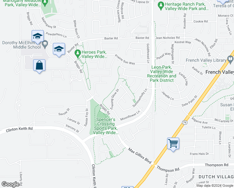 map of restaurants, bars, coffee shops, grocery stores, and more near 35458 Evening Glow Drive in Murrieta
