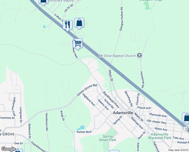map of restaurants, bars, coffee shops, grocery stores, and more near 5424 Bankhead Highway in Adamsville