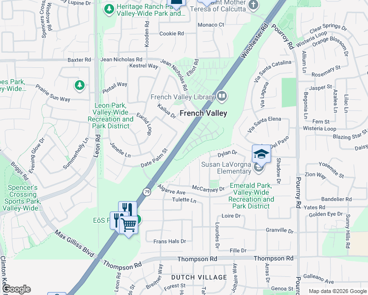 map of restaurants, bars, coffee shops, grocery stores, and more near 35475 Marabella Court in Winchester