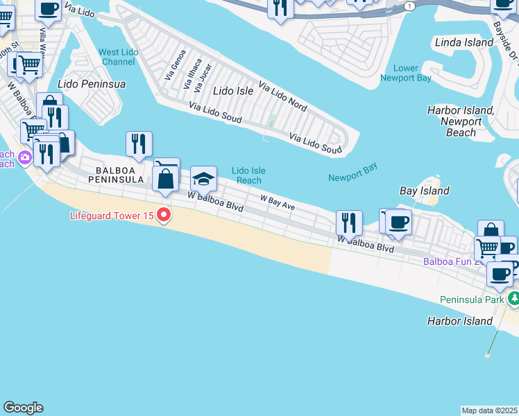 map of restaurants, bars, coffee shops, grocery stores, and more near 1116 West Balboa Boulevard in Newport Beach