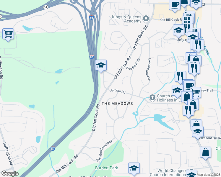 map of restaurants, bars, coffee shops, grocery stores, and more near 2875 Jerome Road in College Park