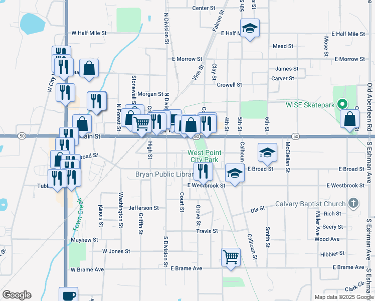 map of restaurants, bars, coffee shops, grocery stores, and more near 133 Commerce Street in West Point