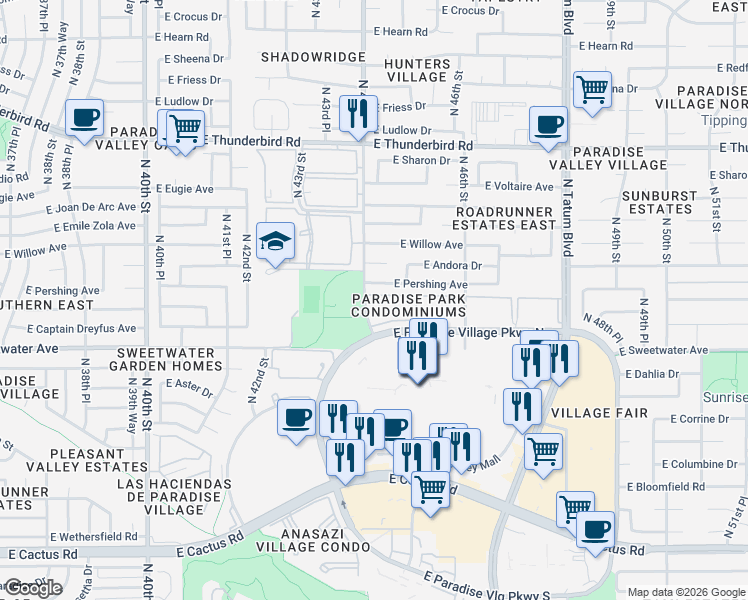 map of restaurants, bars, coffee shops, grocery stores, and more near 4444 East Paradise Village Parkway North in Phoenix