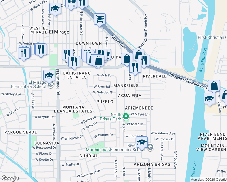 map of restaurants, bars, coffee shops, grocery stores, and more near 11914 West Soledad Street in El Mirage