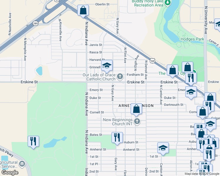 map of restaurants, bars, coffee shops, grocery stores, and more near 3204 Emory St in Lubbock