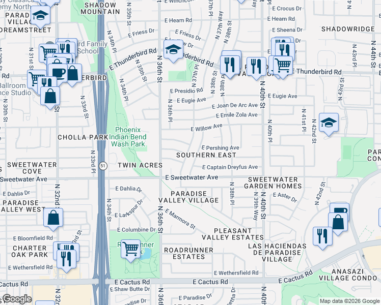 map of restaurants, bars, coffee shops, grocery stores, and more near 13201 North 37th Place in Phoenix