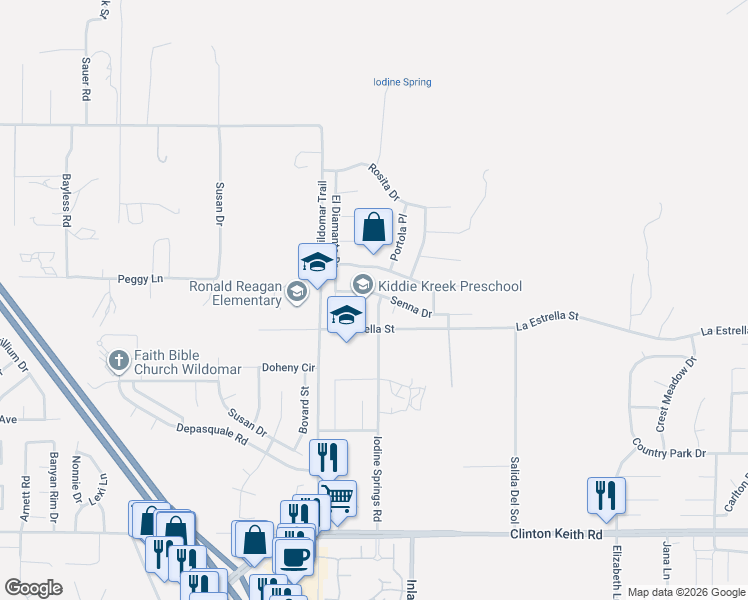 map of restaurants, bars, coffee shops, grocery stores, and more near 24121 Senna Drive in Wildomar