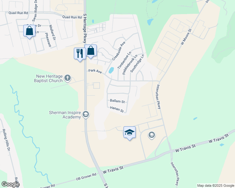 map of restaurants, bars, coffee shops, grocery stores, and more near 3416 Portsmouth Place in Sherman