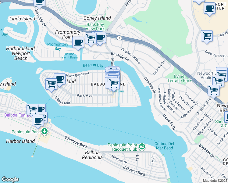 map of restaurants, bars, coffee shops, grocery stores, and more near 204 Marine Avenue in Newport Beach