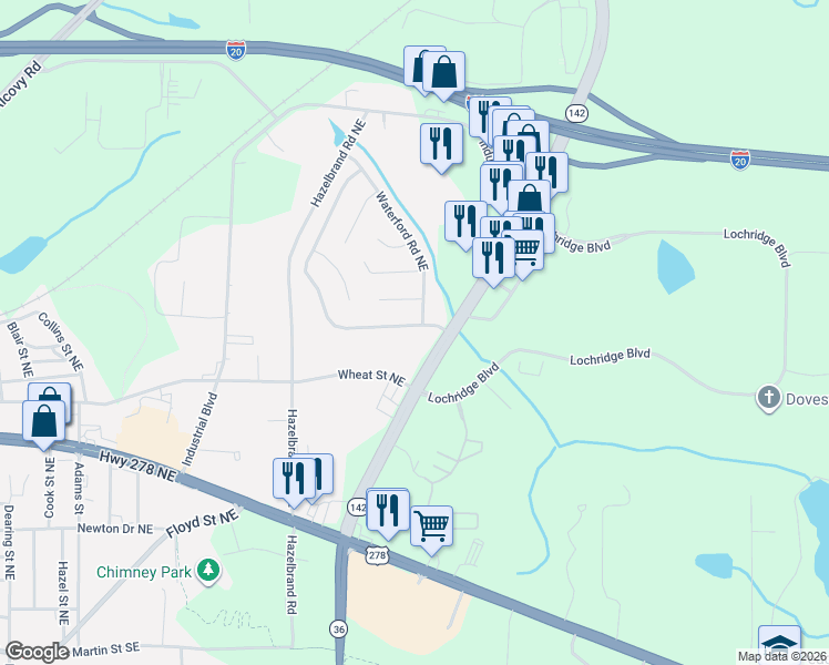 map of restaurants, bars, coffee shops, grocery stores, and more near 10140 Settlers Grove Road Northeast in Covington
