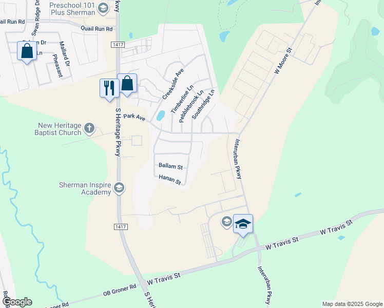 map of restaurants, bars, coffee shops, grocery stores, and more near 2311 Southridge Lane in Sherman