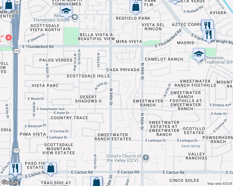 map of restaurants, bars, coffee shops, grocery stores, and more near 13204 North 94th Way in Scottsdale