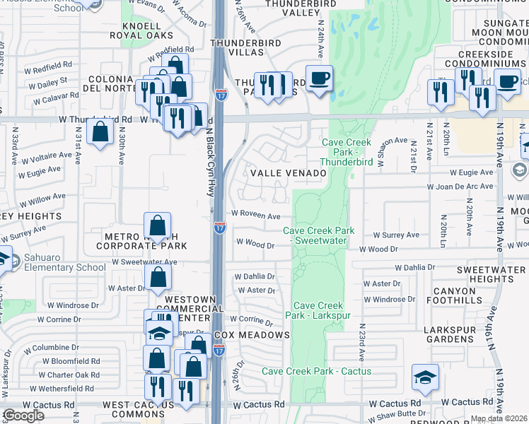 map of restaurants, bars, coffee shops, grocery stores, and more near 2615 West Roveen Avenue in Phoenix