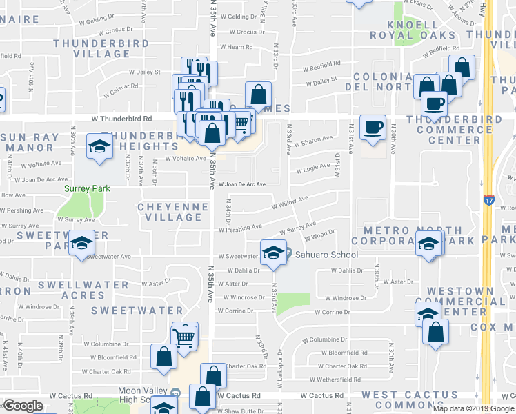 map of restaurants, bars, coffee shops, grocery stores, and more near 3344 West Willow Avenue in Phoenix