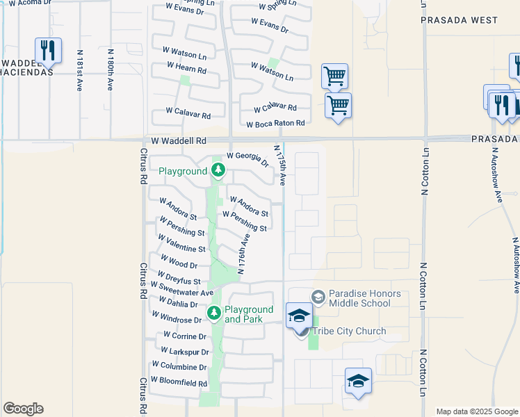 map of restaurants, bars, coffee shops, grocery stores, and more near 17548 West Andora Street in Surprise