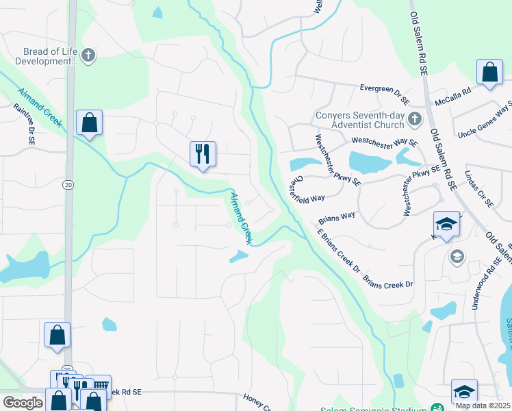 map of restaurants, bars, coffee shops, grocery stores, and more near 1905 Enfield Court Southeast in Conyers
