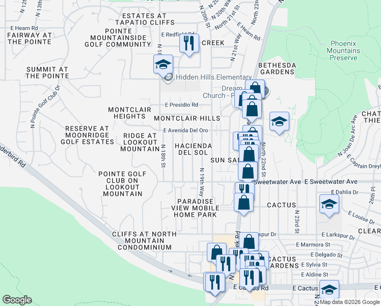 map of restaurants, bars, coffee shops, grocery stores, and more near 13202 North 19th Place in Phoenix
