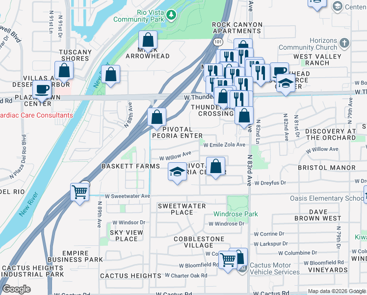 map of restaurants, bars, coffee shops, grocery stores, and more near 8547 West Joan De Arc Avenue in Peoria