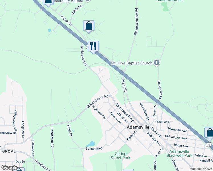 map of restaurants, bars, coffee shops, grocery stores, and more near 5424 Bankhead Highway in Adamsville