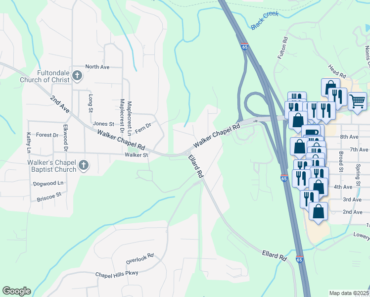 map of restaurants, bars, coffee shops, grocery stores, and more near 2405 Walker Chapel Road in Coalburg