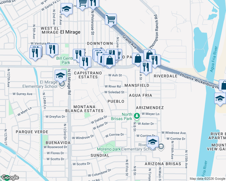 map of restaurants, bars, coffee shops, grocery stores, and more near 12006 W Soledad St in El Mirage