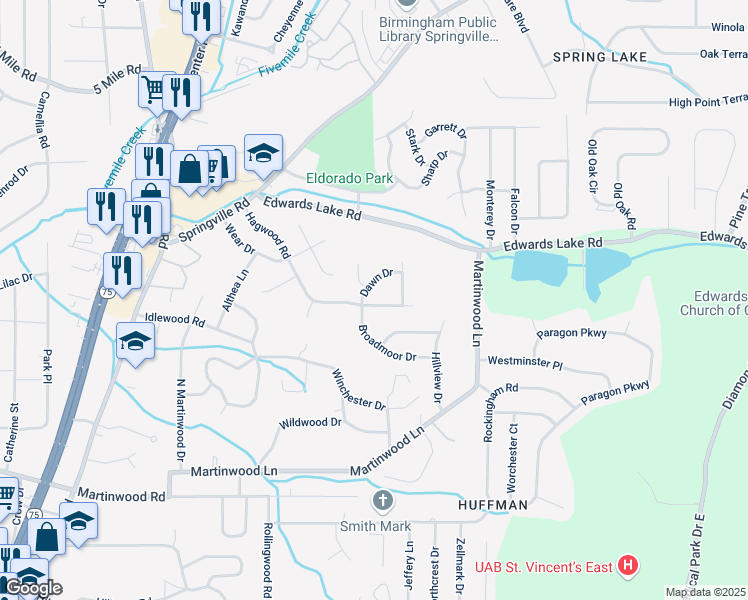 map of restaurants, bars, coffee shops, grocery stores, and more near 1032 Hagwood Road in Birmingham