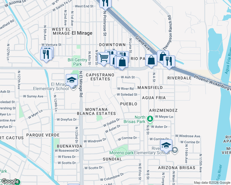 map of restaurants, bars, coffee shops, grocery stores, and more near 12034 West Soledad Street in El Mirage