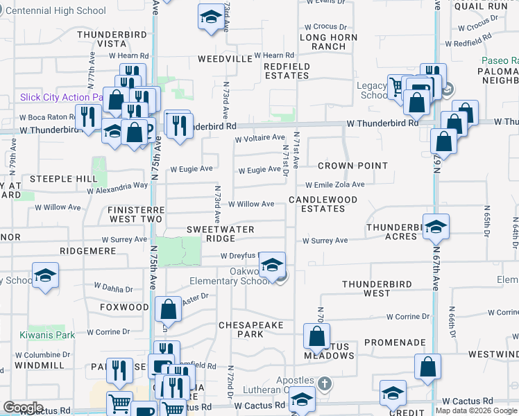 map of restaurants, bars, coffee shops, grocery stores, and more near 7173 West Willow Avenue in Peoria