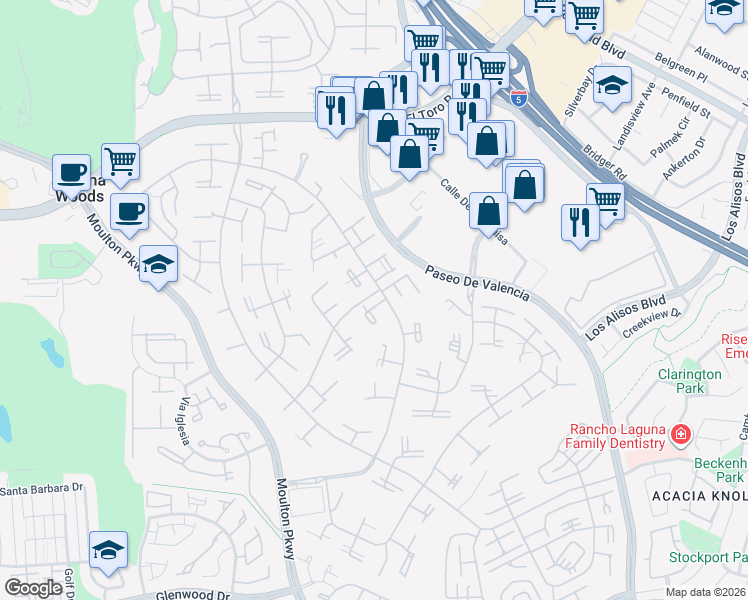 map of restaurants, bars, coffee shops, grocery stores, and more near 73 Calle Aragon in Laguna Woods
