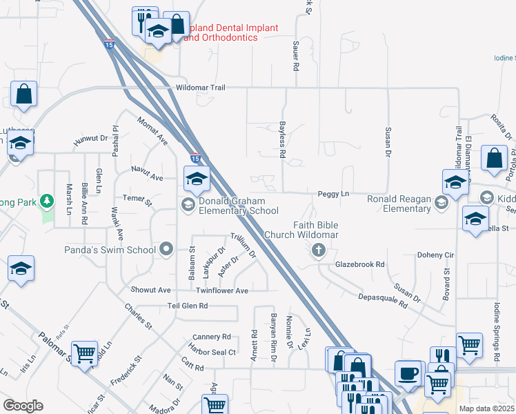 map of restaurants, bars, coffee shops, grocery stores, and more near 23305 Peggy Lane in Wildomar